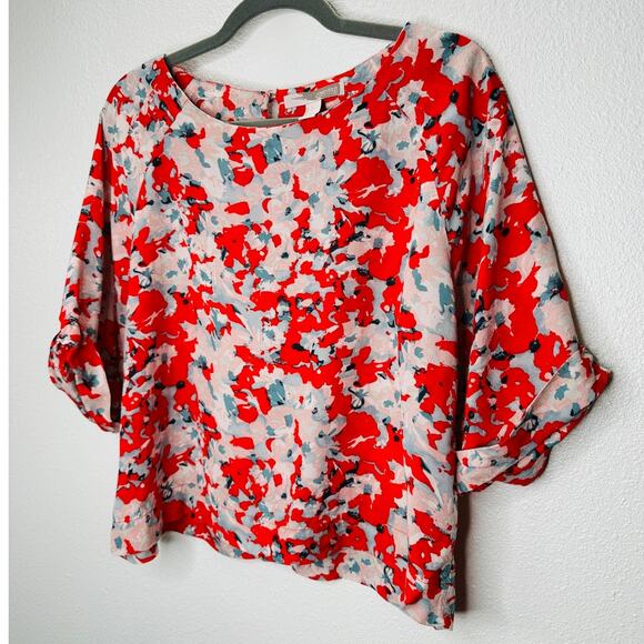 Cute Red Pink Blue Floral 3/4 Cuffed Sleeves Wide Round Neck Blouse Top L - Picture 3 of 10